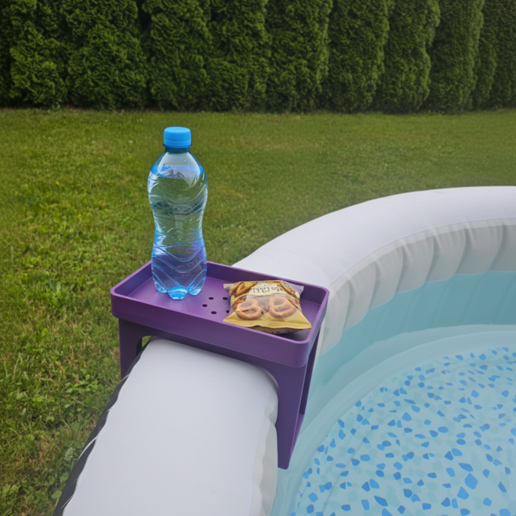 Purple hot tub caddy clipped onto inflatable hot tub holding drinks bottle and snacks in garden spa