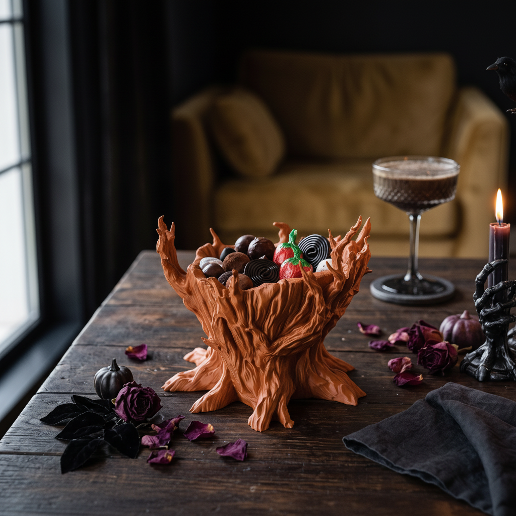Halloween Hollow Tree Candy Bowl in orange — filled with chocolates on rustic table with dried roses and gothic candle holders