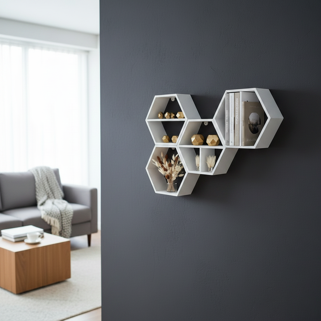 Matte white modular hexagonal shelf set, 5 units on dark charcoal wall with gold ornaments and art books