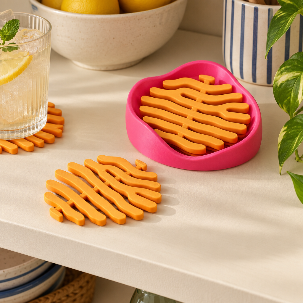 Coral coaster set on kitchen shelf