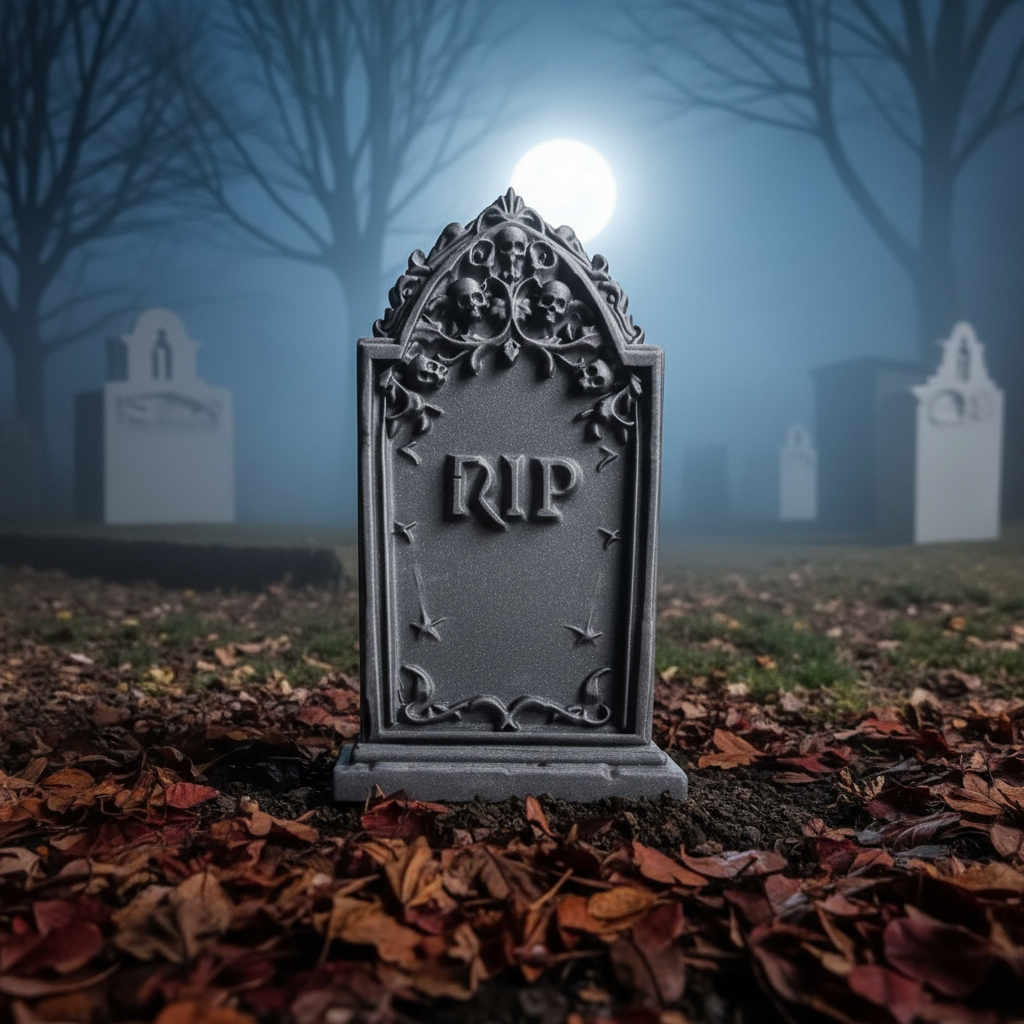 Grey gothic tombstone in foggy moonlit graveyard with autumn leaves cinematic Halloween lifestyle