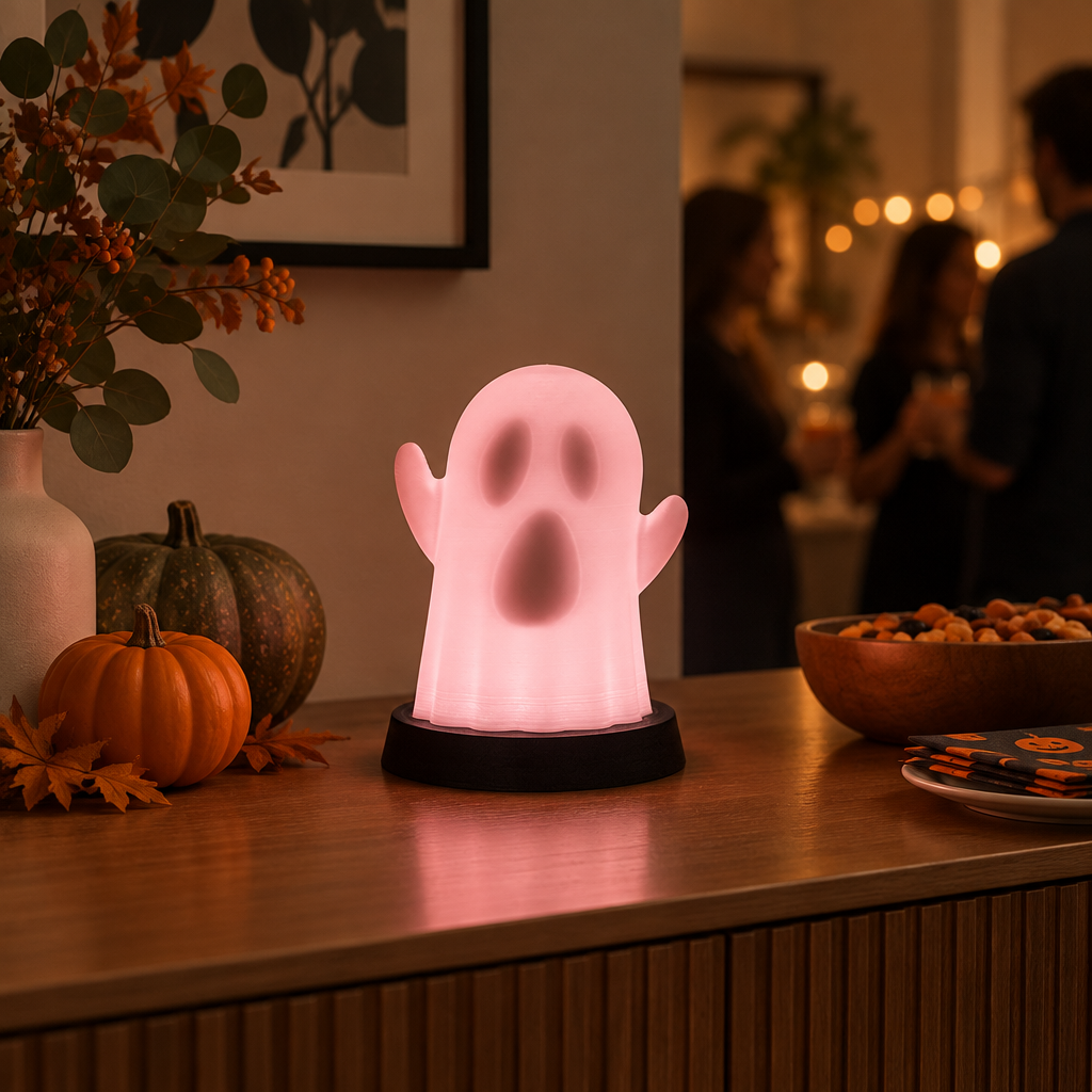 Pink Ghost Lamp glowing with its hidden face revealed on a Halloween sideboard