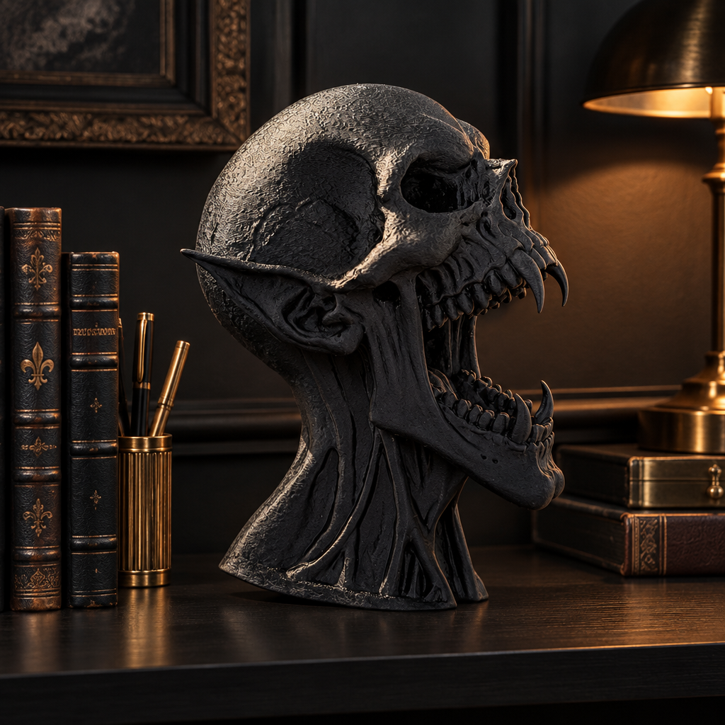 Black Vampire Skull displayed on a dresser in a moody bedroom