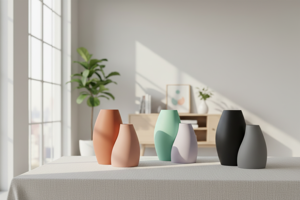 Multiple pairs Curved Minimalist Vases terracotta orange dusty pink sage green lavender black grey smooth biomorphic ovoid pale linen sideboard cream wall wide editorial