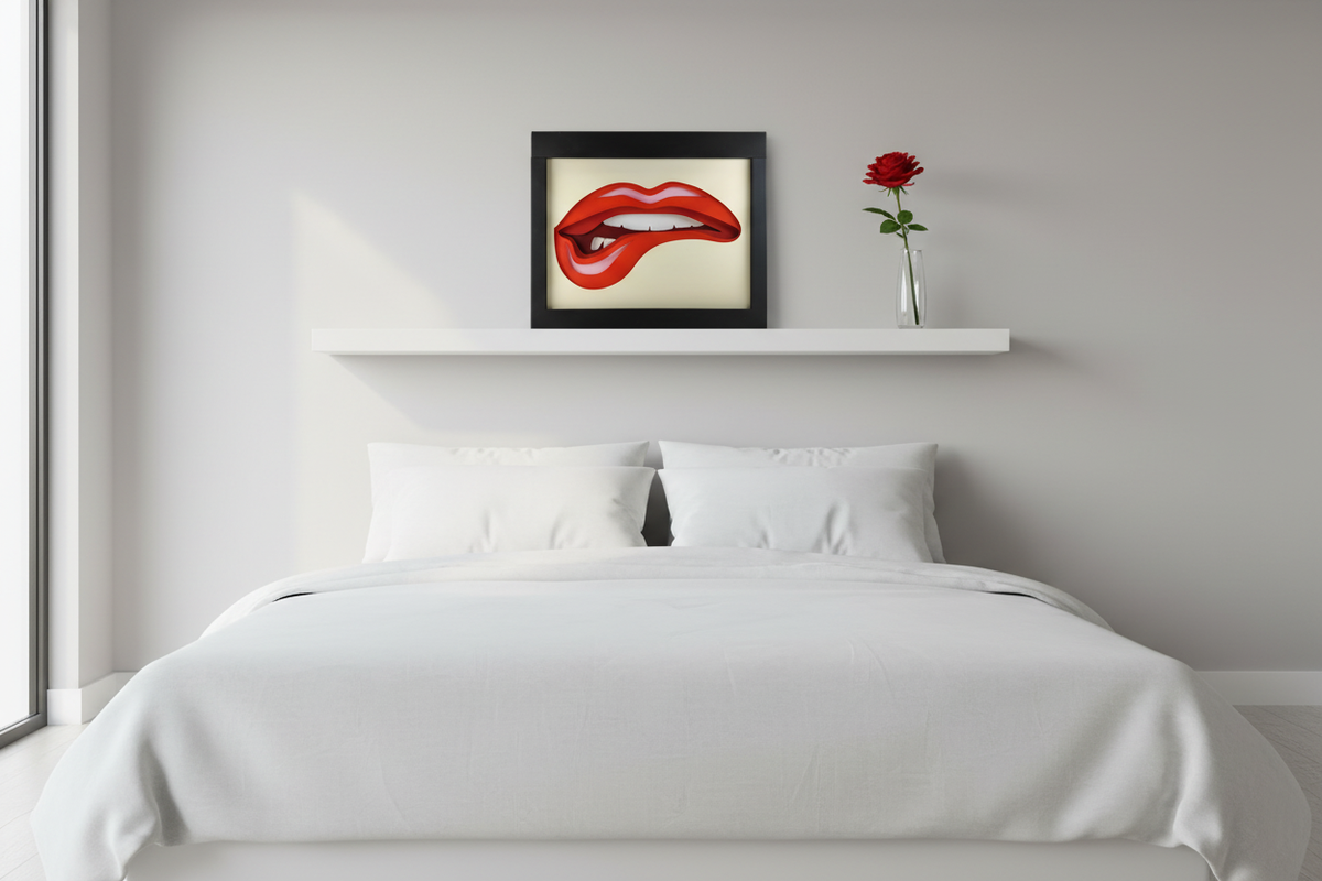 Lips Shadow Box 2 on a white shelf in a minimal bedroom with a single red rose and soft natural light