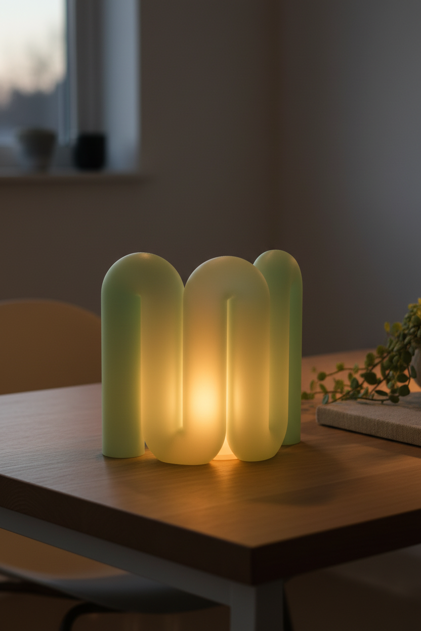 Wibble Curtain E27 Lamp warm amber glow translucent sage green matte arch tube cluster pale oak desk minimal contemporary home office trailing plant linen notebook soft warm evening work light atmospheric glow portrait