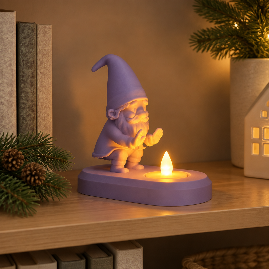 Purple Santa tealight holder displayed on a bookshelf with pine décor