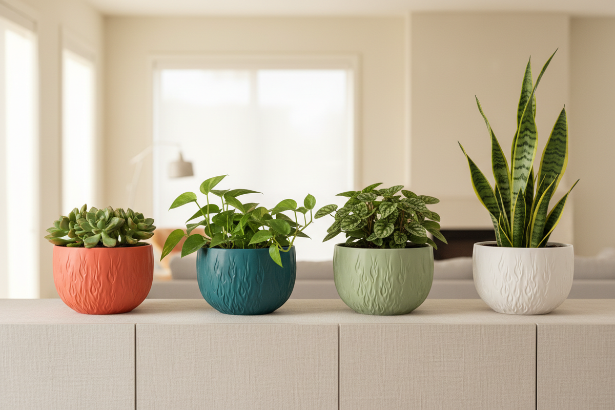 Four Modern Textured Planter Pots warm coral red deep teal sage green chalk white matte rounded bowl organic flame-dent impressions succulent pothos peperomia snake plant pale linen sideboard warm cream wall bright contemporary living room soft afternoon light wide editorial landscape