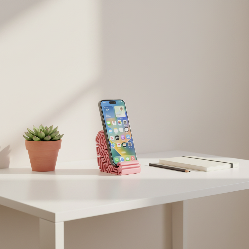 Coral phone stand in pink on minimalist white desk with succulent – lifestyle