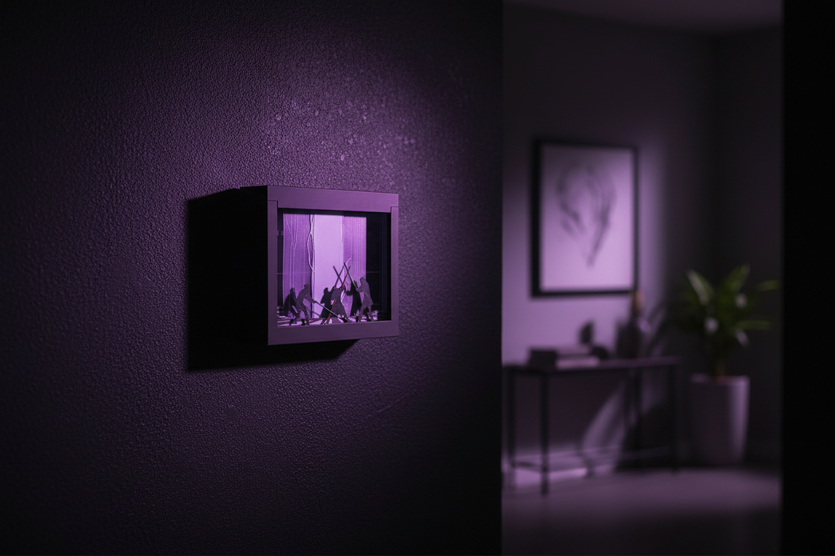 Duel in Theed Shadow Box hung on a dark feature wall with dramatic purple cinematic lighting