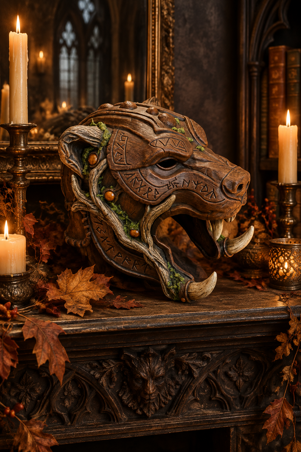 Runic Beast Mask displayed on a candlelit autumn mantelpiece
