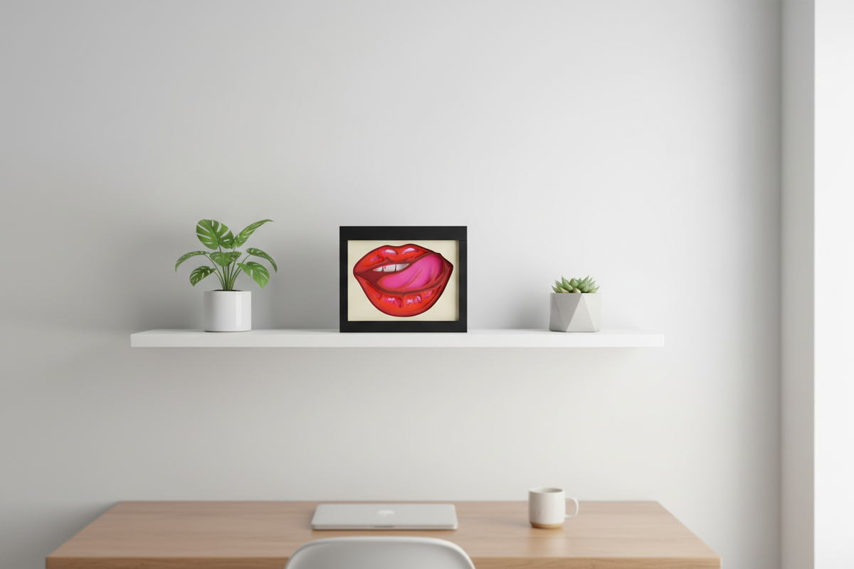 Lips shadow box on a white shelf in a modern minimal studio space