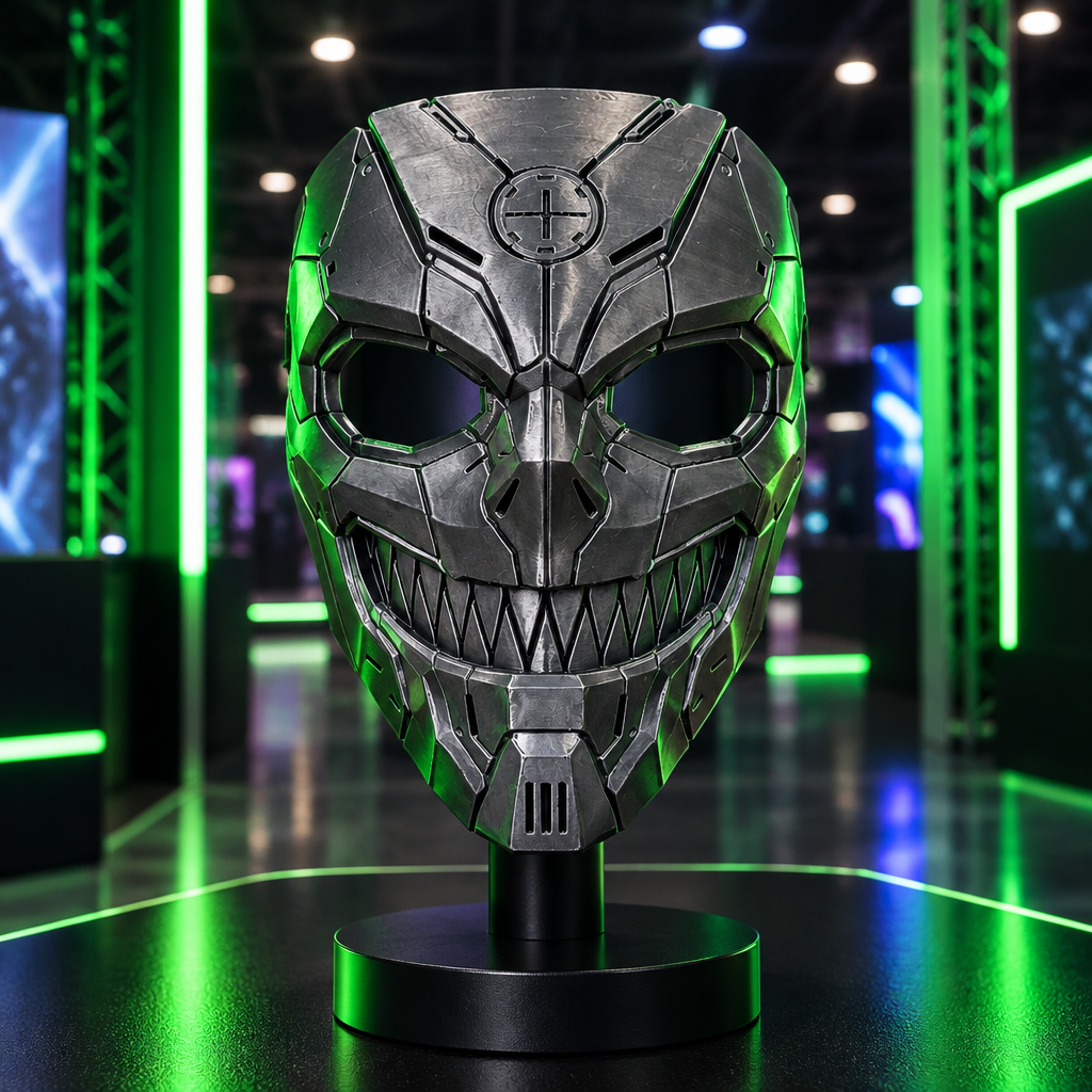 Gunmetal Tech Devil mechanical skull mask on display at a futuristic convention booth, without a strap