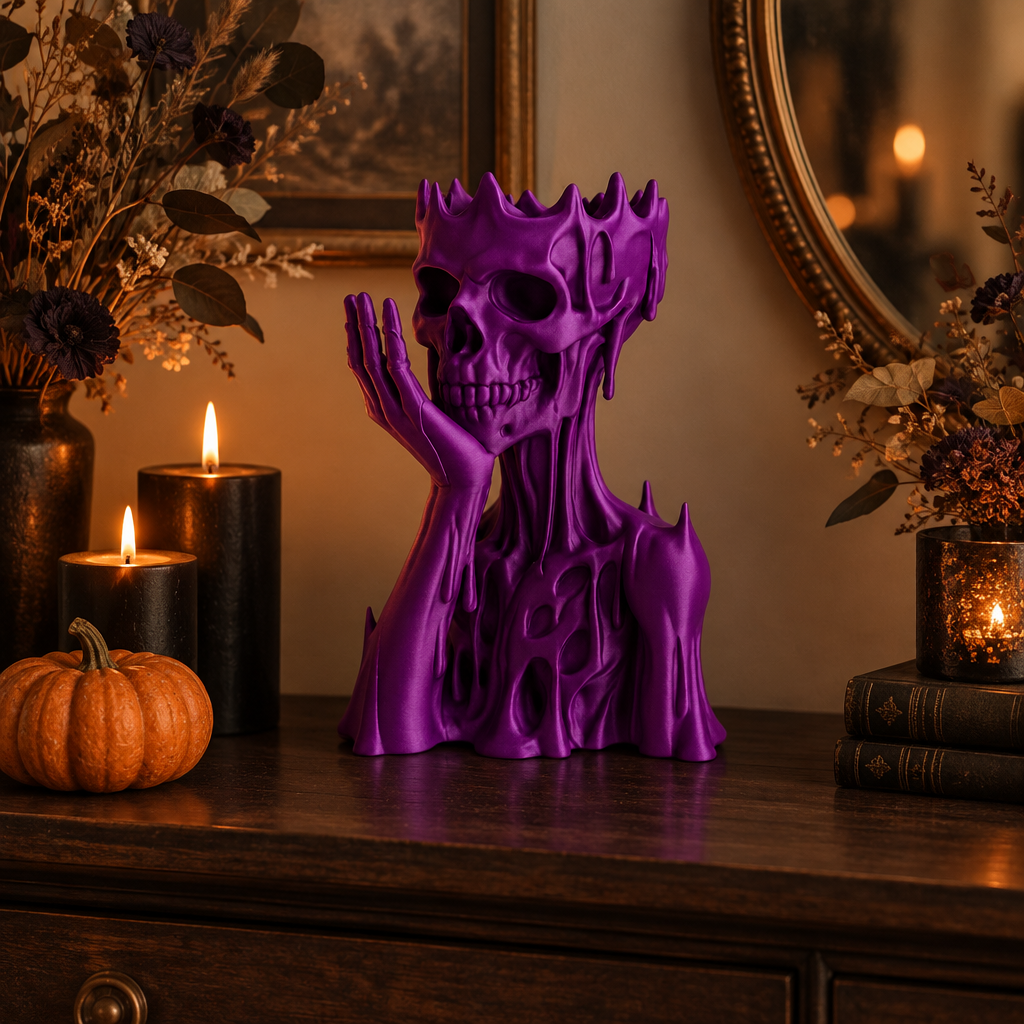 Purple skull and upper torso ornament styled with understated Halloween decor on a dark wood console.