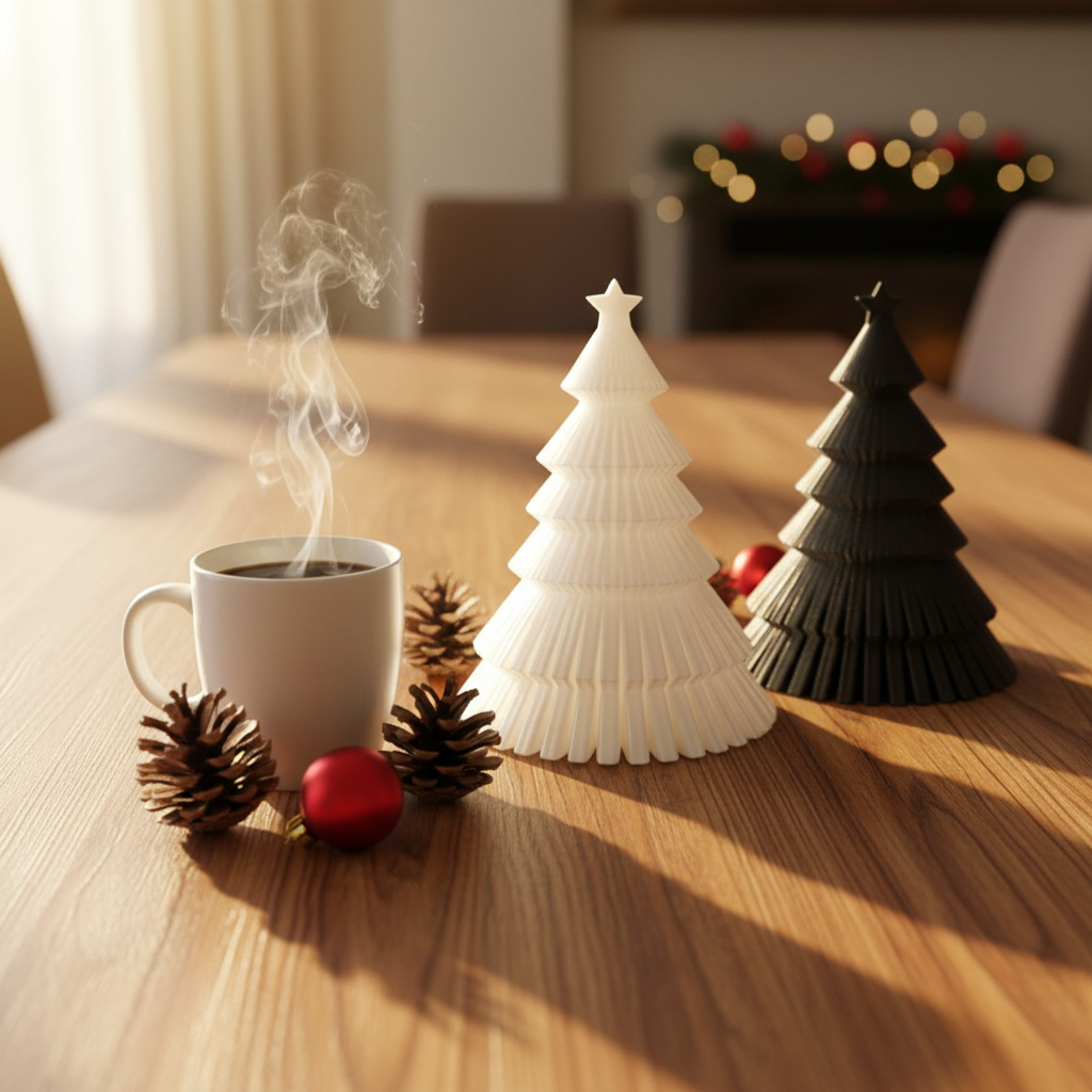 Ribbed Christmas tree duo on wooden table with coffee mug and pine cones cosy lifestyle