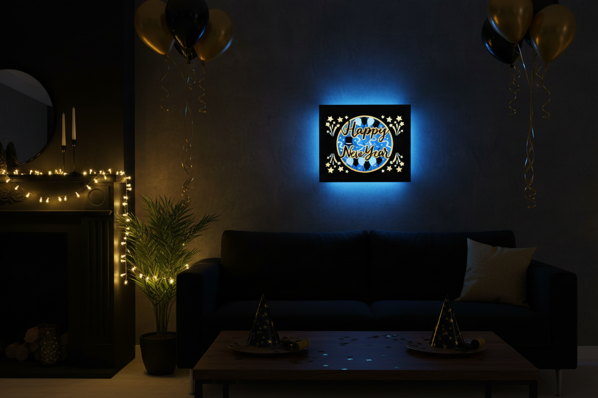 Happy New Year shadow box on a dark wall in a stylish living room with gold and black NYE decorations and fairy lights