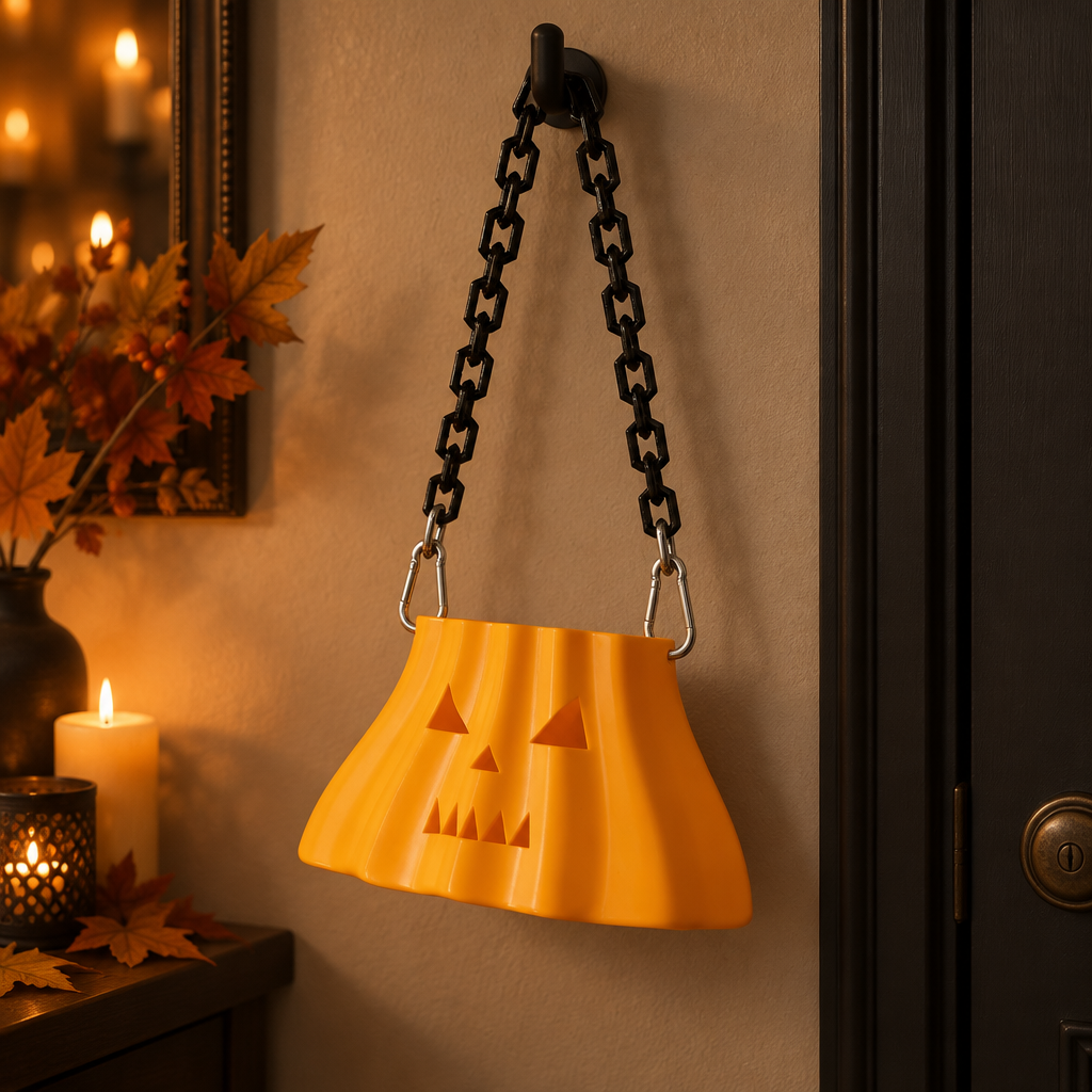 Orange ribbed pumpkin bag with attached black chains hanging in a minimalist Halloween entryway