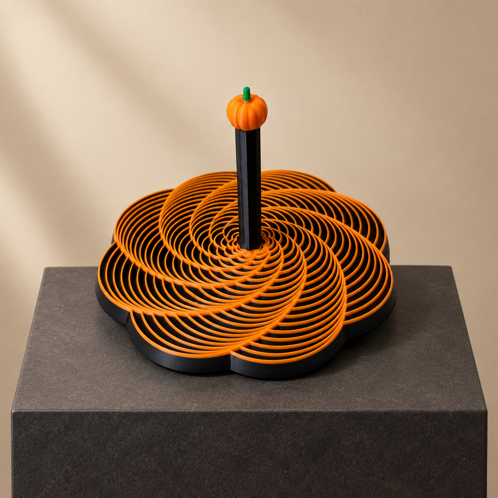 Black and orange pumpkin spiral fidget on a charcoal display plinth