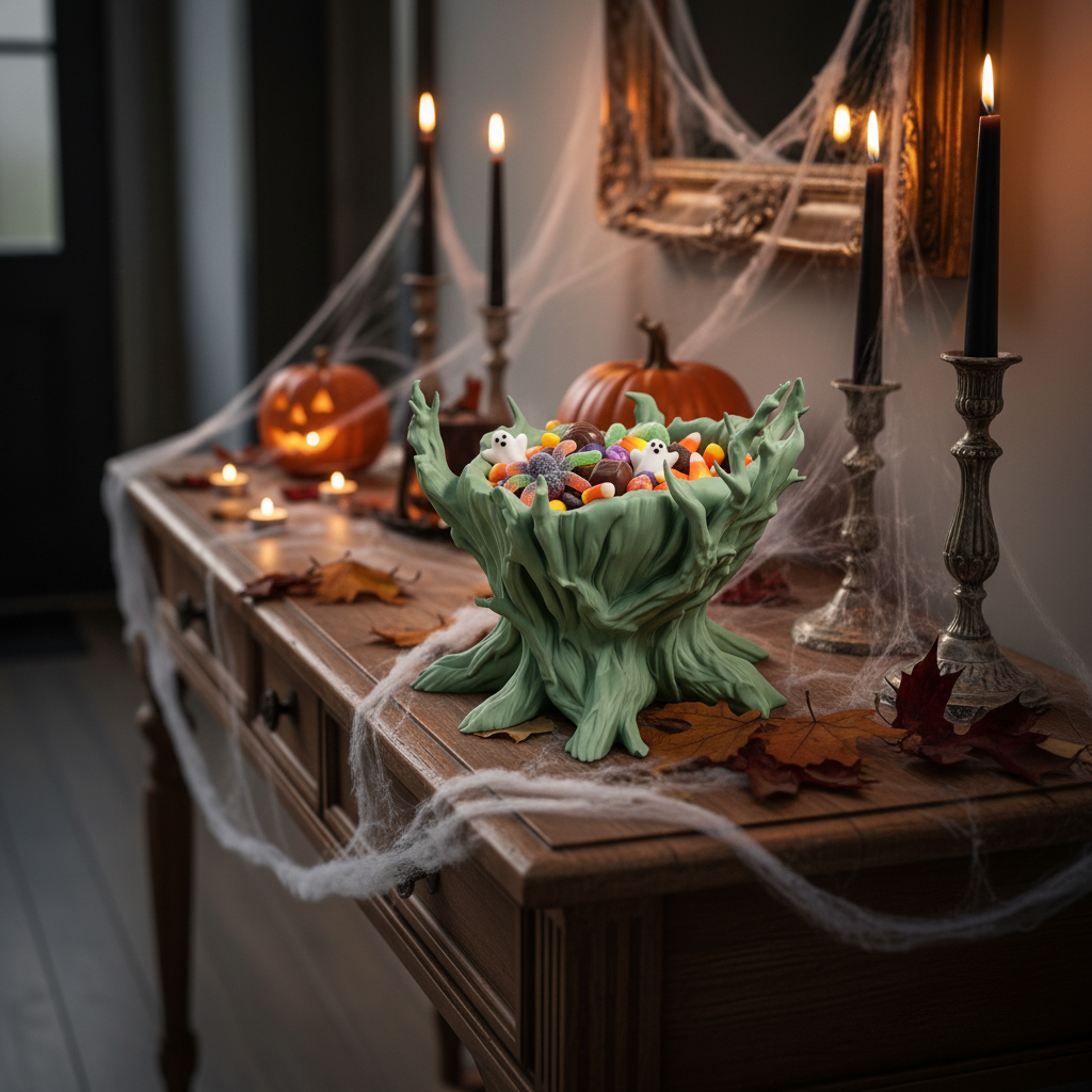 Halloween Hollow Tree Candy Bowl in green — filled with ghost gummies on hallway table with cobwebs and black candles