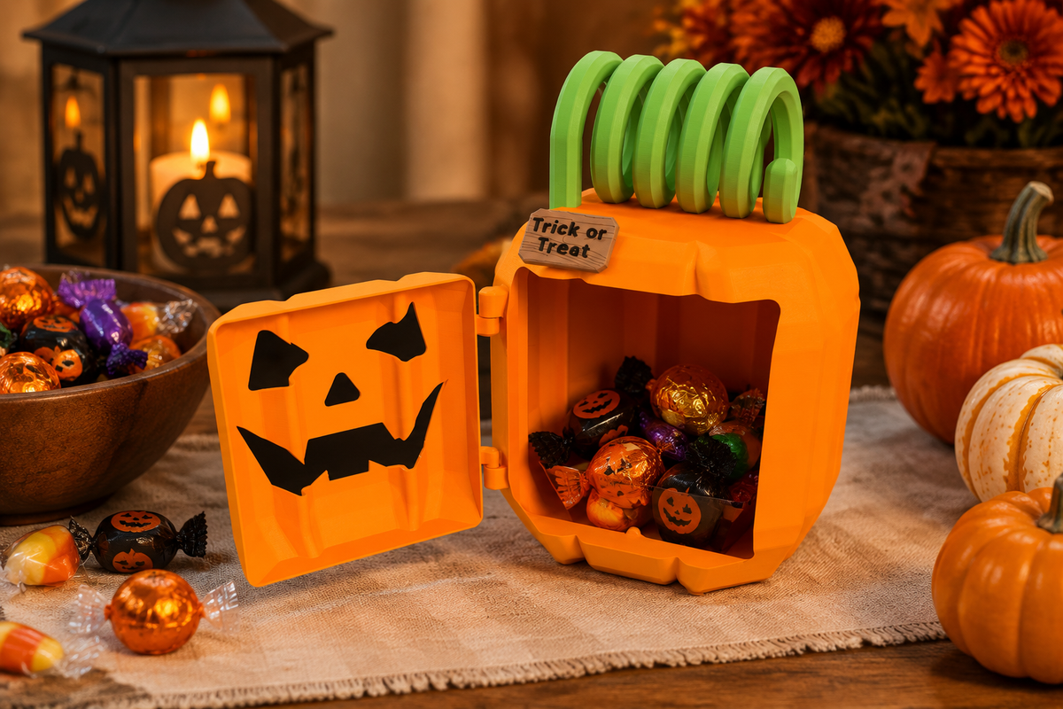 Orange pumpkin-shaped treat box with the hinged face door open and wrapped sweets inside
