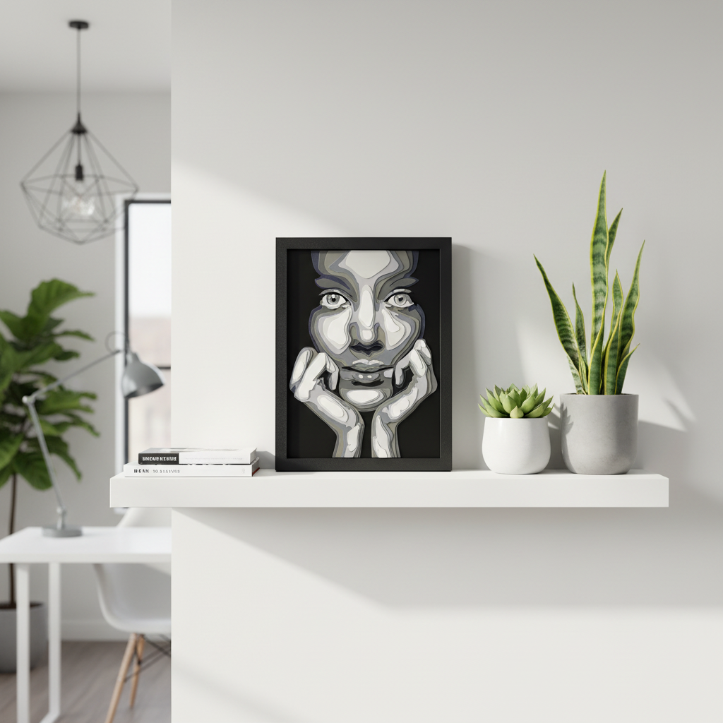 The Girl in Layers shadow box displayed on a white shelf in a bright modern home office with books and plants