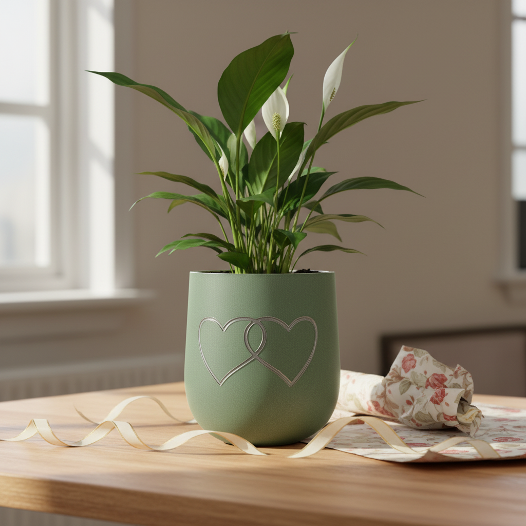 Sage green Two Hearts planter with a peace lily on a wooden desk with gift wrapping