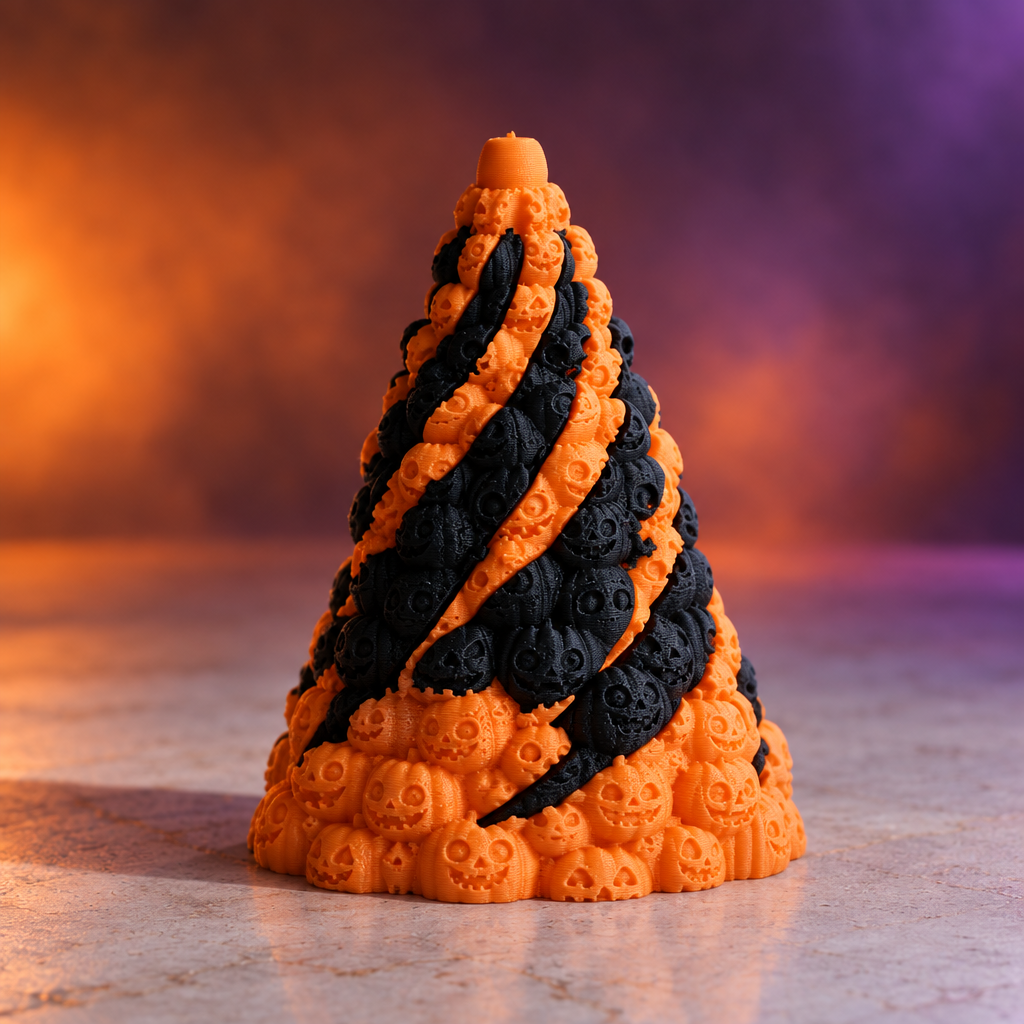 Orange and black Skull Mountain fidget on pale concrete with dramatic shadows