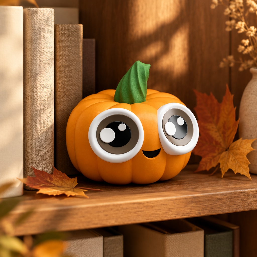 Cute Li'l Pumpkin displayed among books and autumn leaves