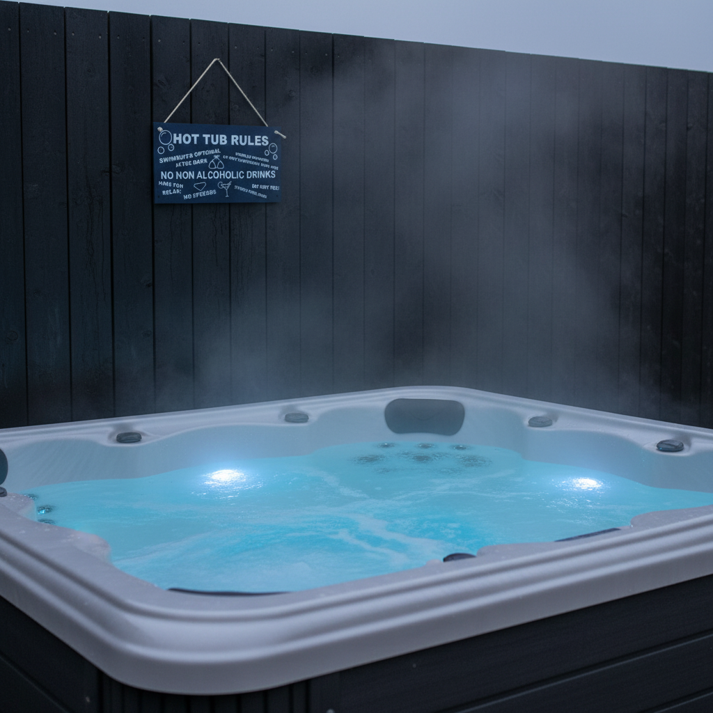 Hot Tub Rules Sign shown at realistic scale on a wooden privacy screen
