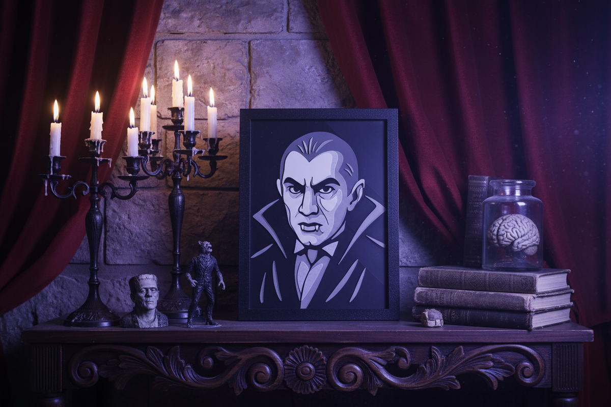 Count Dracula Shadow Box on a dark gothic shelf with cold purple candlelight and candelabras