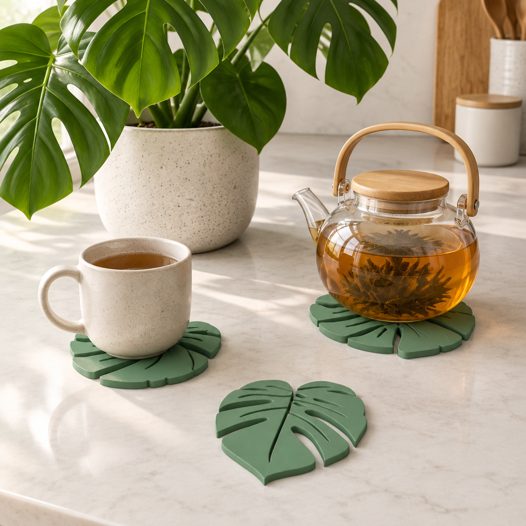 Sage green monstera leaf coasters with a teapot and tea cup beside a monstera houseplant on a kitchen counter