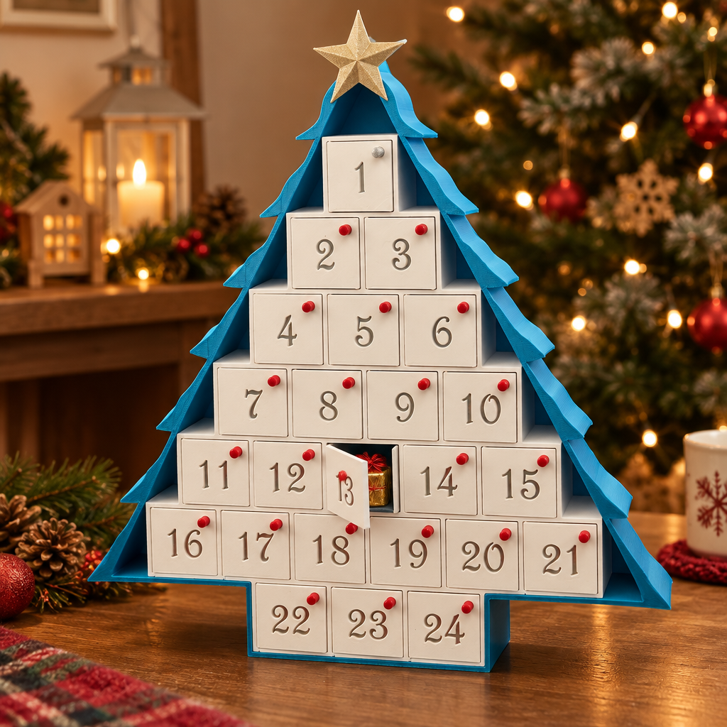 Close view of the numbered drawers and knob detail on a tree-shaped advent calendar