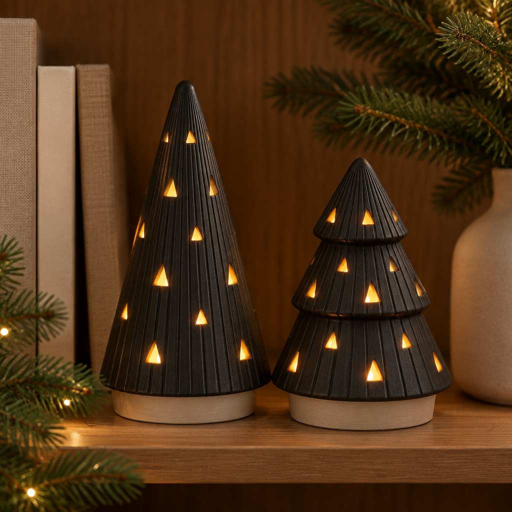 Black ribbed Christmas tree holders with warm light on a bookshelf