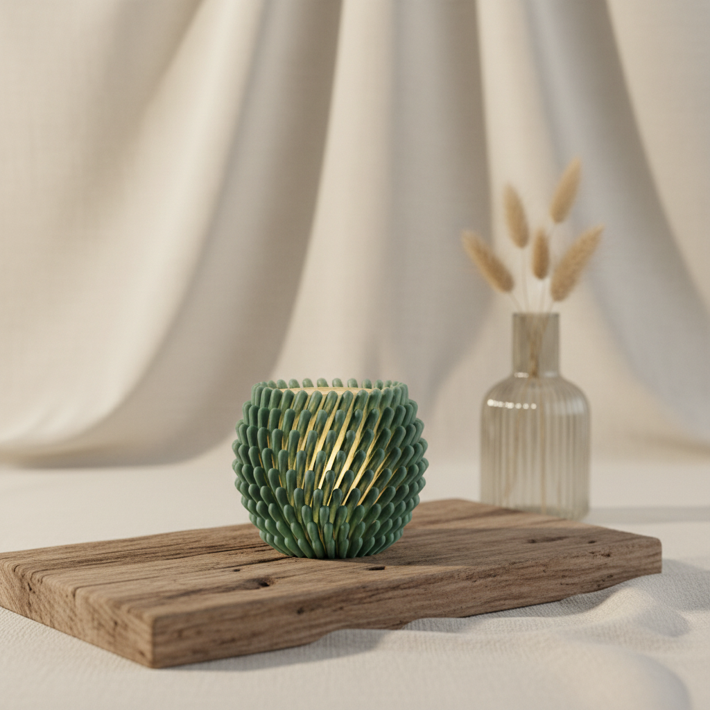 Sage green sea anemone holder on driftwood with pampas grass - lifestyle