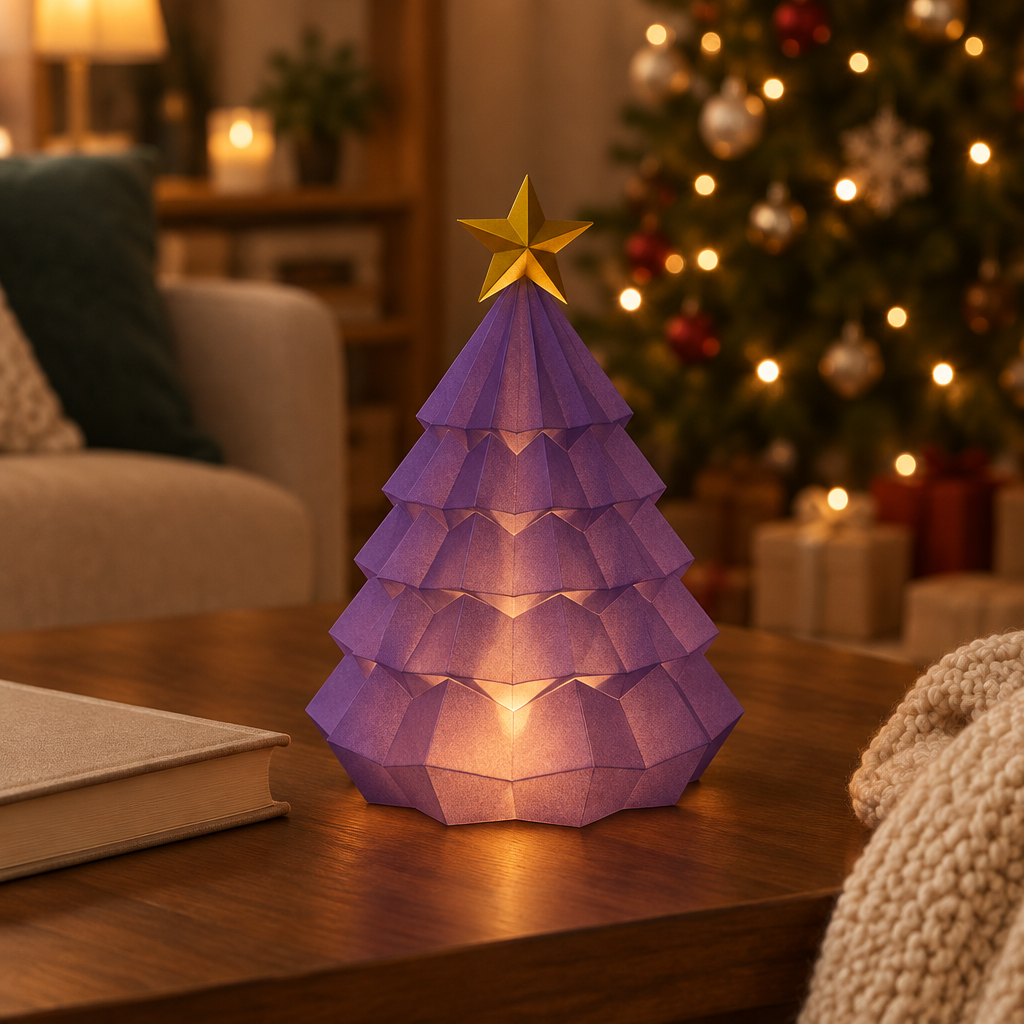 Purple geometric tiered Christmas tree tealight holder with gold-coloured star on a coffee table