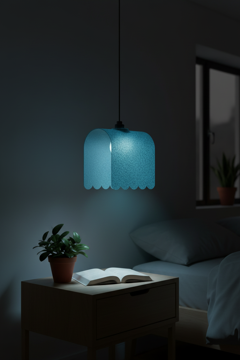 Cyan glowing awning lampshade in a moody dark bedroom