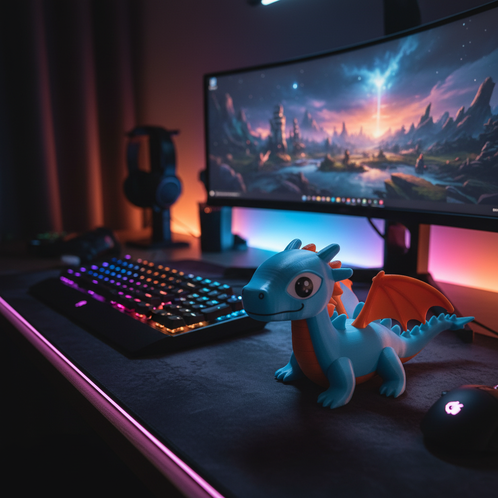 Little Charmkeeper Dragon Figurine - black colourway on gaming desk