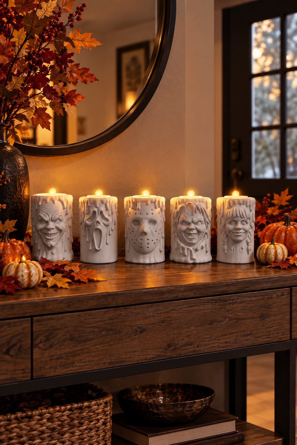Five white horror tealight holders arranged on a hallway console with autumn foliage