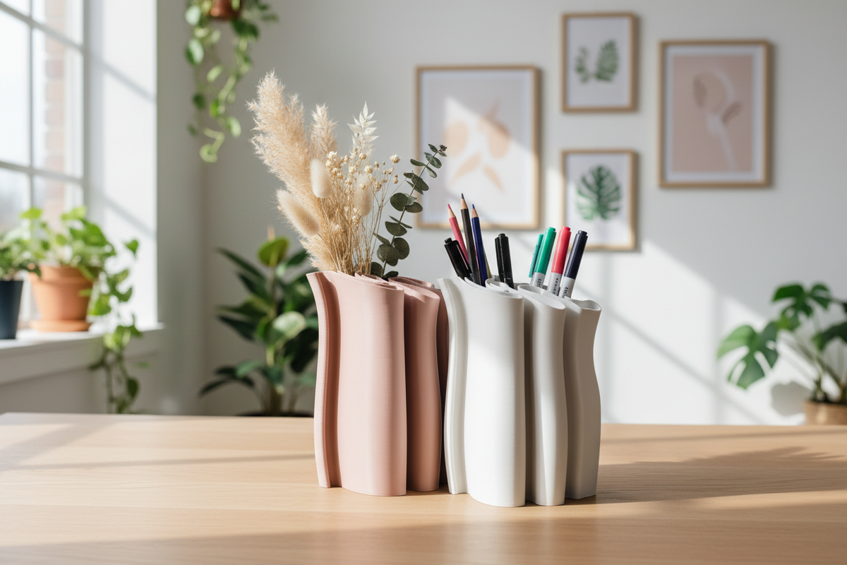 Two Fabric Ripple Vases blush pink holding dried flowers chalk white holding pencils markers pale oak desk bright creative studio plants art prints soft diffuse daylight wide editorial landscape