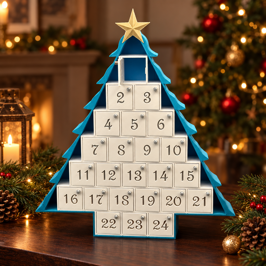 Tree-shaped 24-compartment advent calendar on a dark wood tabletop with subtle Christmas greenery