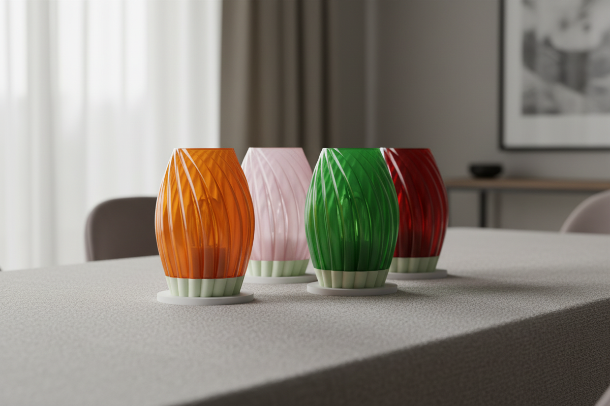 Four Twist Bloom Lamps orange pink green red with white base diagonal twist-blade spiral fins pale linen dining table soft daylight editorial wide shot