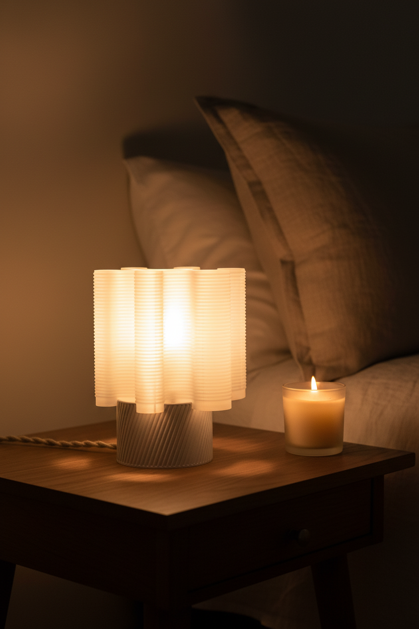 Wavy ripple E27 lamp glowing warmly on dark oak bedside table