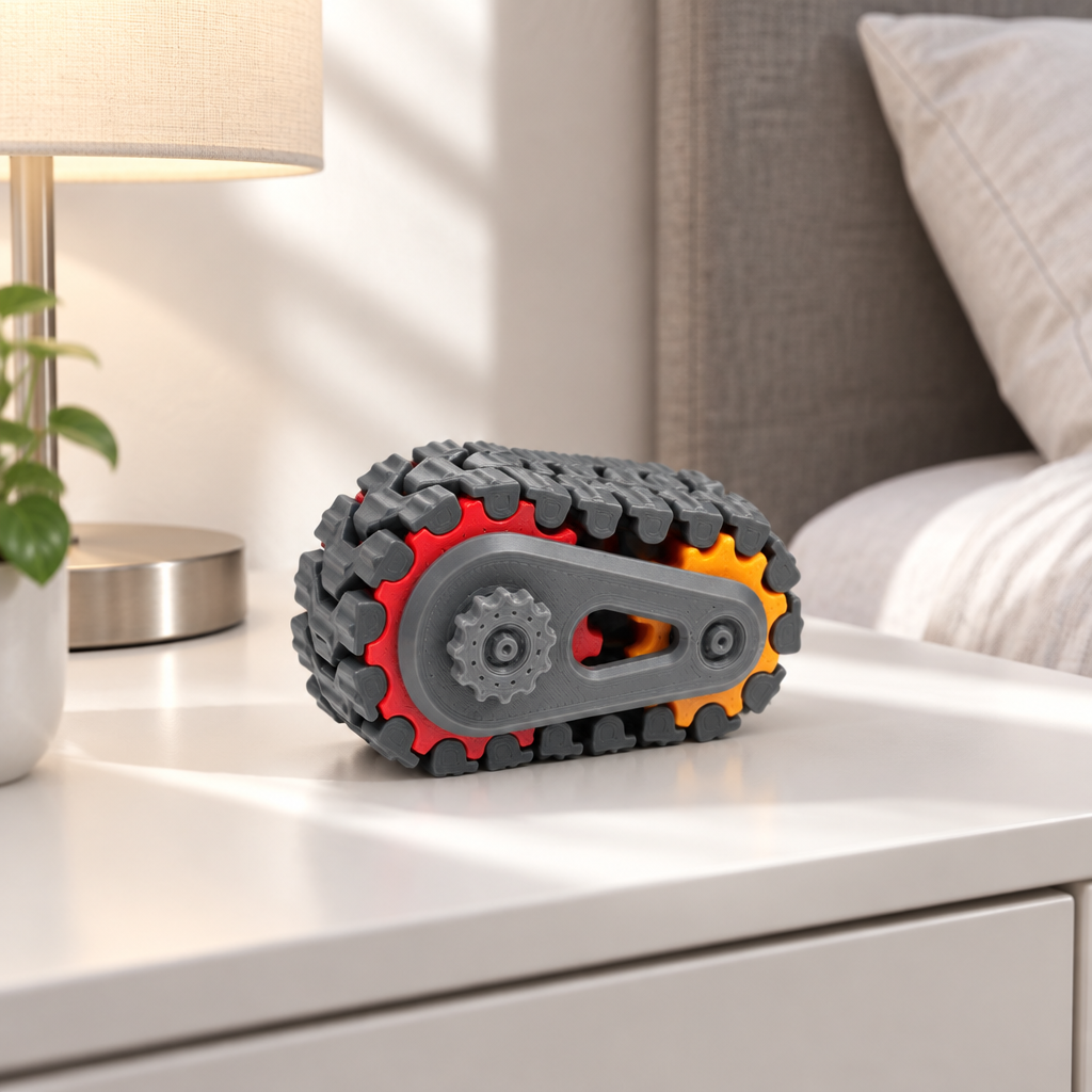 Compact grey Tank Track fidget on a contemporary bedside table