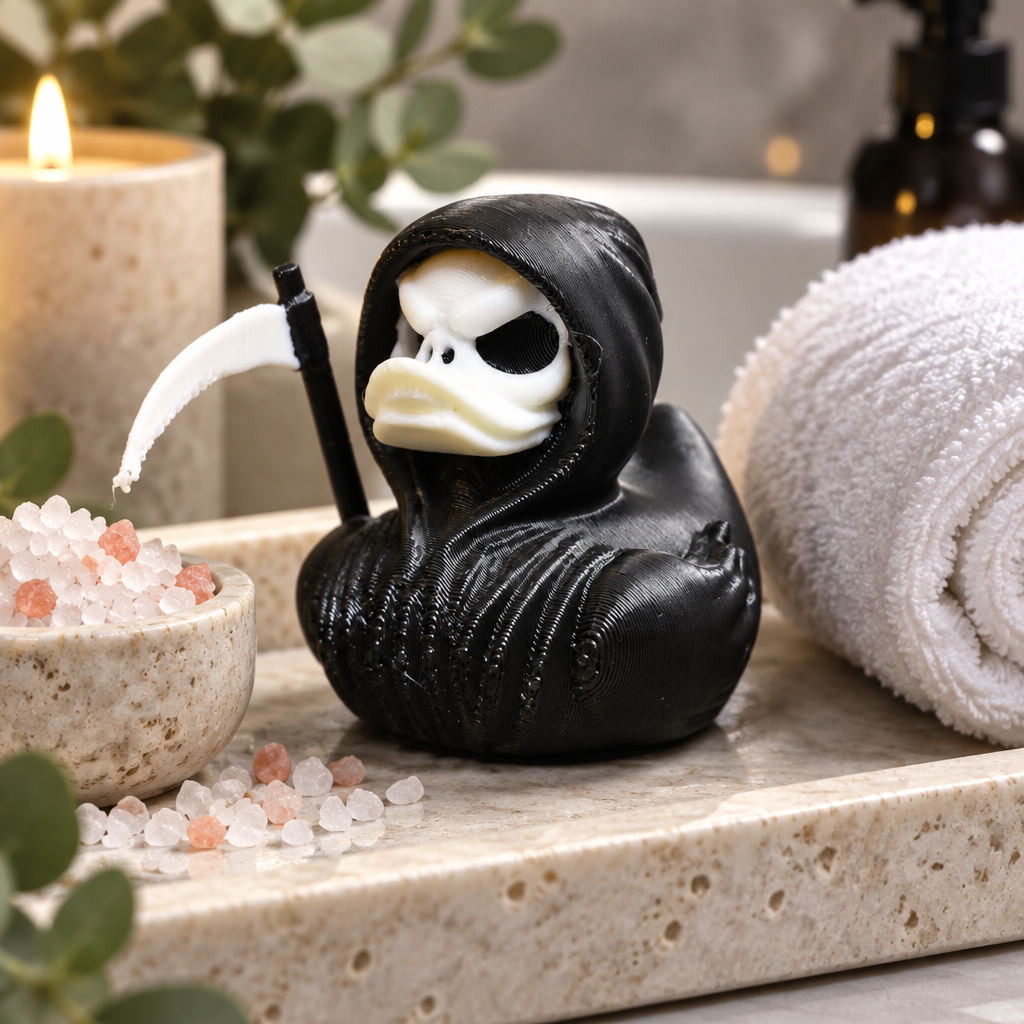 Grim Reaper bath duck styled on a pale stone tray with spa accessories