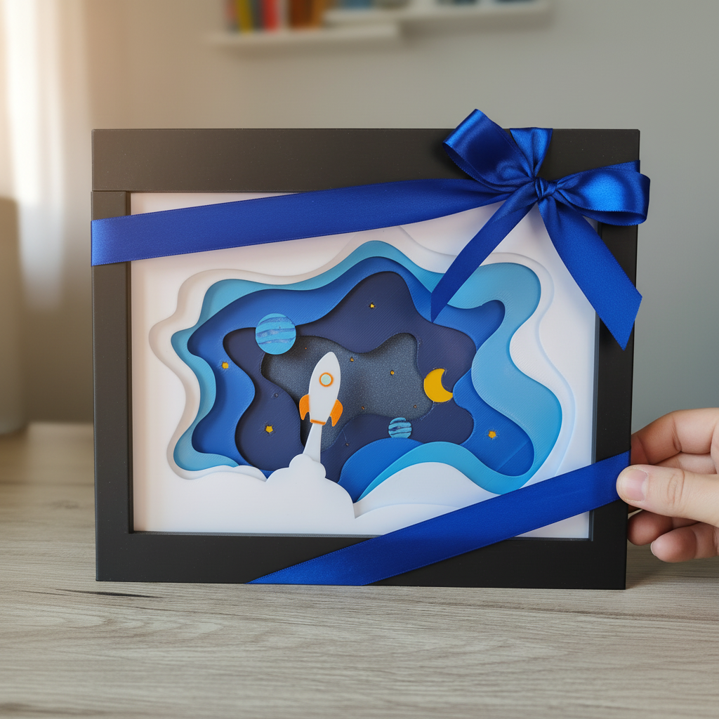 Space Rocket Shadow Box presented as a gift with blue ribbon and bow on a table