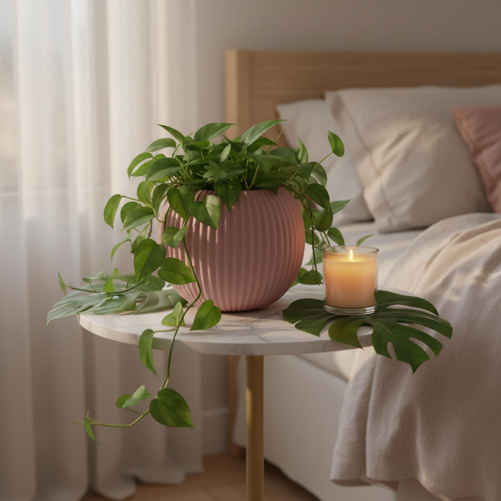 Dusty pink Ribbed Harmony Planter with trailing pothos on a marble side table with monstera leaves
