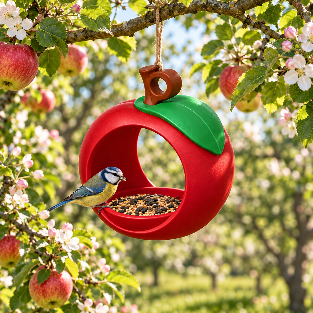 Apple bird feeder hanging in spring orchard