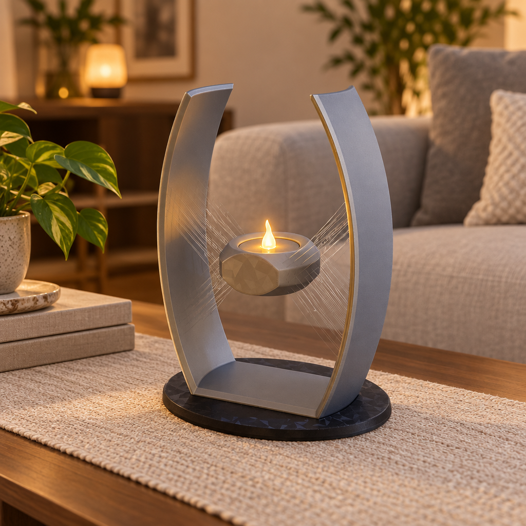 Sculptural tealight holder styled on a coffee table