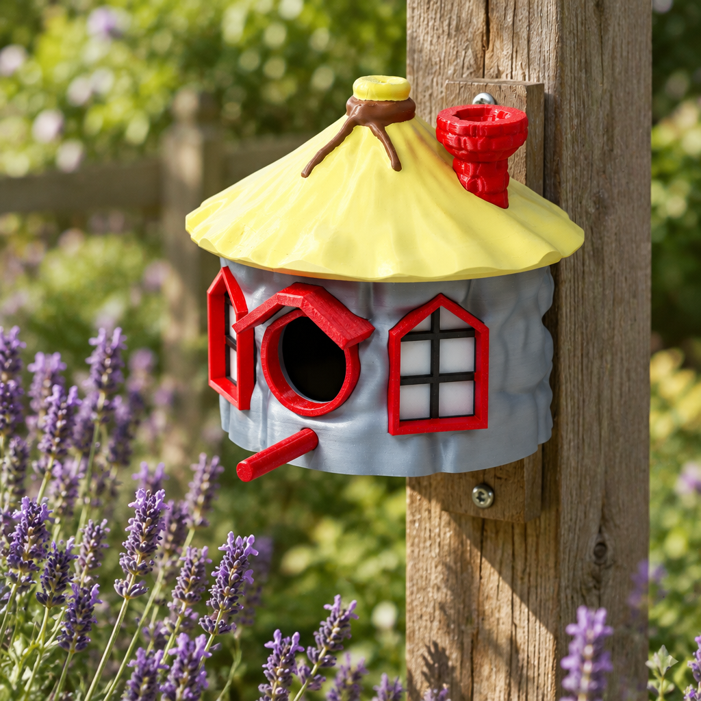 Cottage birdhouse beside flowering lavender