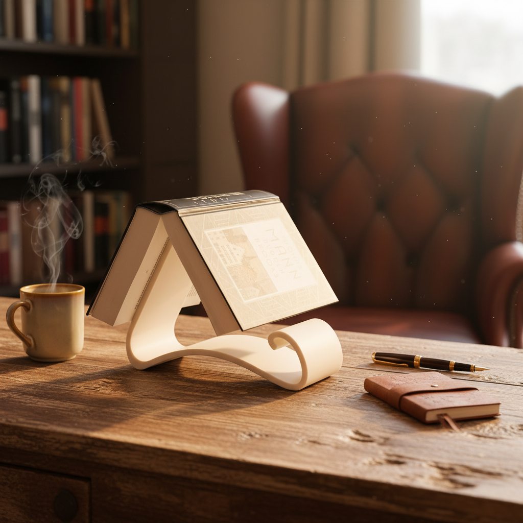 Wavy Book Stand holding an open book on a rustic wooden desk in a cosy home library with warm afternoon light